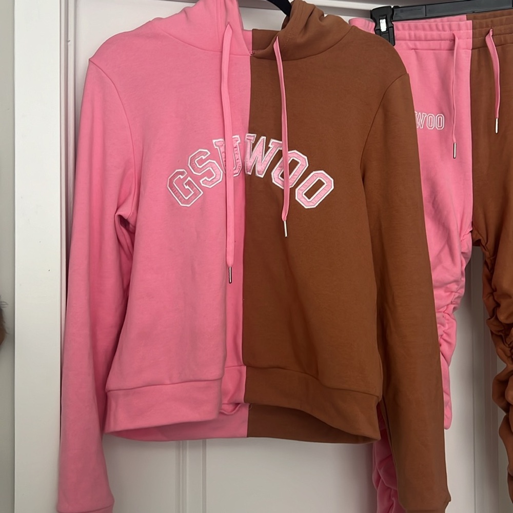 Gsuwoo 2 piece pink and tan scrunched pants and hoody